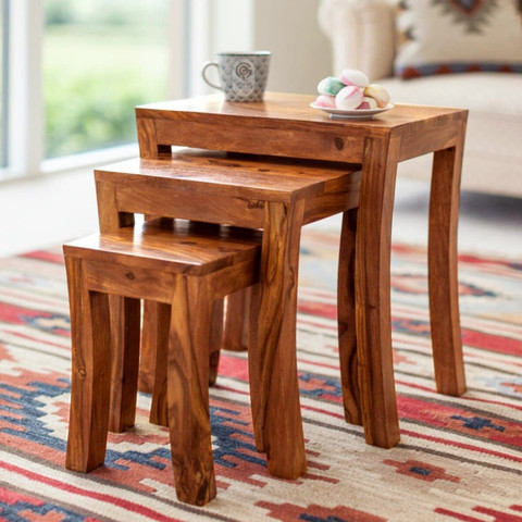 TRUE FURNITURE Sheesham Wood Nesting Tables Set of Stools - Main Image