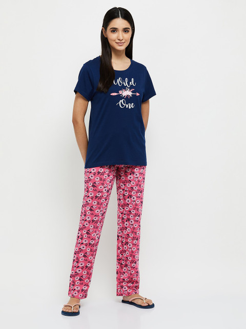 MAX Women Printed Blue Shirt Pyjama set