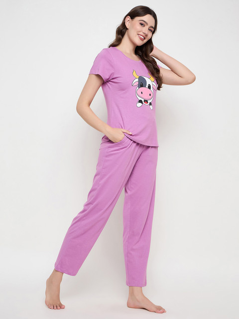 Nightwear Clovia New User Coupon Clovia Grey Cotton Printed Shirt - Main Image