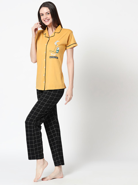 Zeyo Women's Cotton Checks Printed Night Suit Set - Half Sleeve Shirt & Pyjama Pants (X-Large, Mustard Yellow), Comfortable Sleepwear & Loungewear