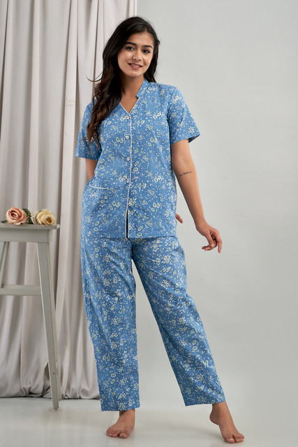 Asami Women Printed Blue Shirt & Pyjama set Price in India - Buy