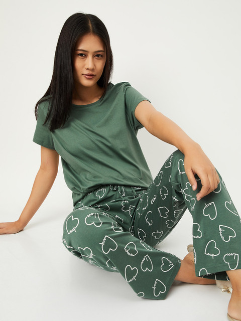 MAX Women Printed Green Top Pyjama Set