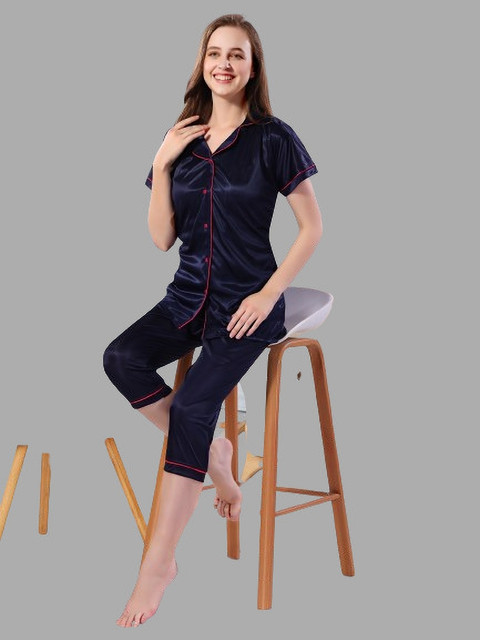 Glam World Women Solid Dark Blue Shirt Pyjama set Price in India