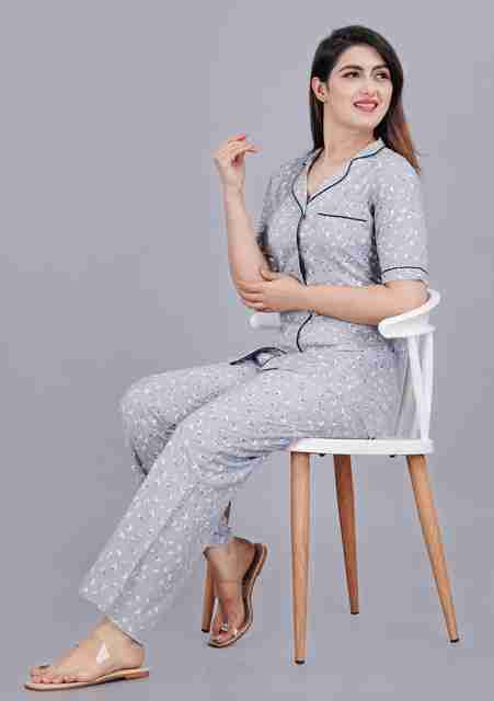 MintMarie Women Night Suit Set Silver Geometric Print - Image 5