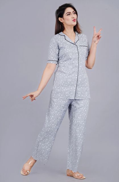 MintMarie Women Night Suit Set Silver Geometric Print - Image 7