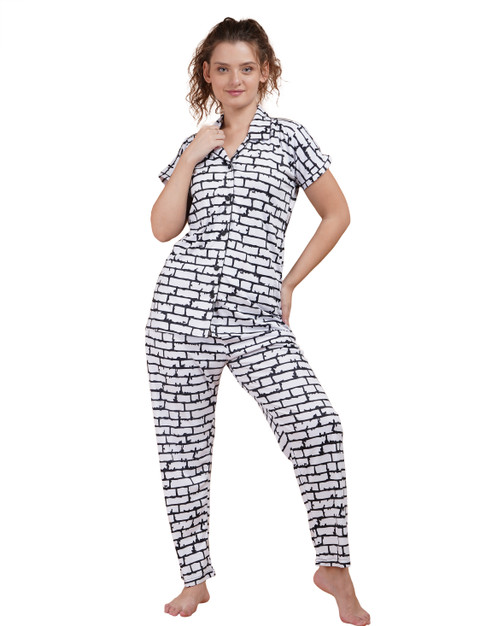 GuSo Shopee Women Printed White, Black Top Pyjama Set Price in