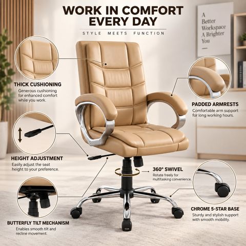 RW REST WELL Star Executive Revolving Office Chair|Computer Desk Chair with Cushioned Seat| Leatherette Office Executive Chair (Beige, DIY(Do-It-Yourself)) - Image 6