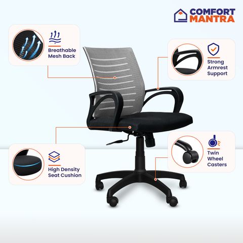 Comfort Mantra Bolt Chair Ergonomic Office Chair Mid Back Lumbar Support Armrest Fabric Office Adjustable Arm Chair (Grey Mesh, Optional Installation Available) - Image 5