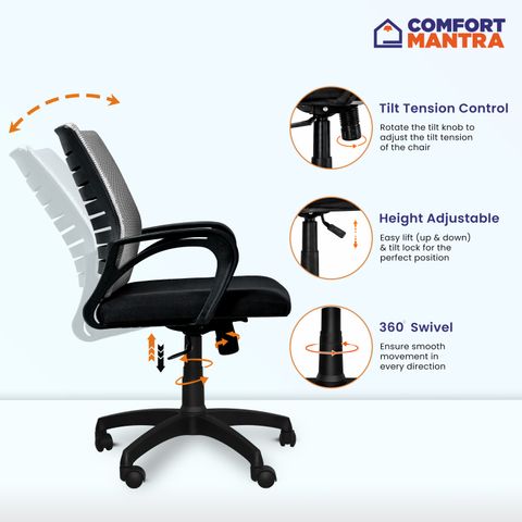 Comfort Mantra Bolt Chair Ergonomic Office Chair Mid Back Lumbar Support Armrest Fabric Office Adjustable Arm Chair (Grey Mesh, Optional Installation Available) - Image 6