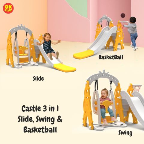 Ok Play in Castle Play Set for Kids Slide Swing Basketball Yellow  White
