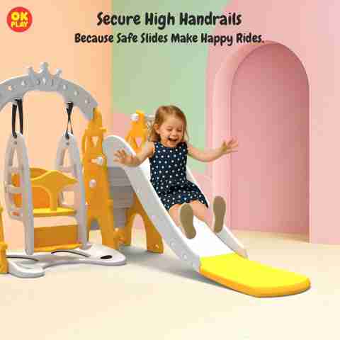 Ok Play in Castle Play Set for Kids Slide Swing Basketball Yellow  White