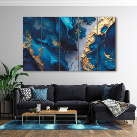 絵画 A 7 TheCastleDecor Blue Gold sparkle Set of 5 Big Size Multiple Frames