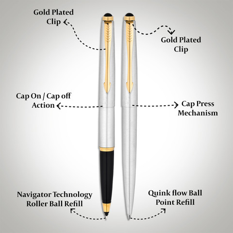 PARKER Galaxy Stainless Steel Gold Trim Ball Pen Roller Ball Pen With  Card Holder Pen Gift Set