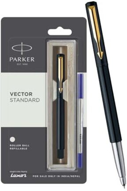 PARKER Vector Standard Stainless Steel, Gold Trim Roller Ball Pen