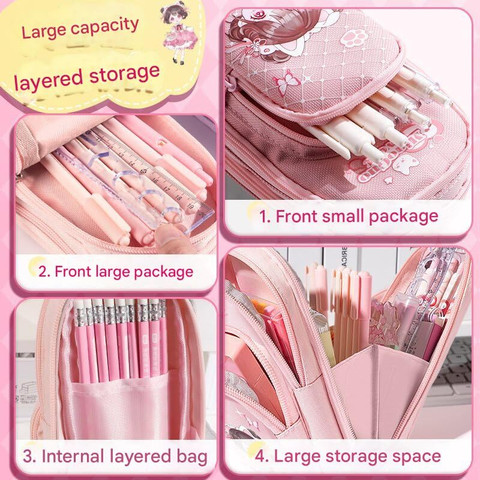 Chiransi Pink Girl Three Layer School Bag-Shaped Pencil Pouch, Pouch with  Zipper Geometry Box