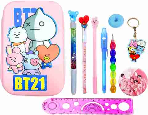 Neel BTS Stationery Set for Kids BT-21 3D Embossed Pencil Pouch with  Pen/Glitter Pen Pencils/Cheating Pen/Key Chain/Badge Eraser/Scale Return  Birthday