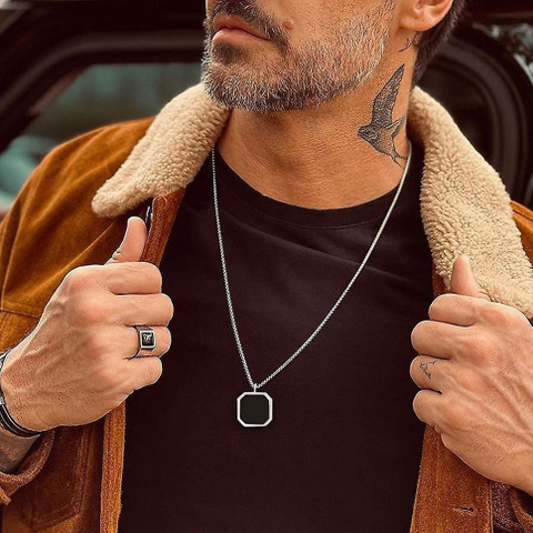 ringzinnie Black Onyx Octagon Inlay Square Pendant/Necklace, Men Black Onyx  Amulet Pendant Black Silver Plated Stainless Steel Necklace Set
