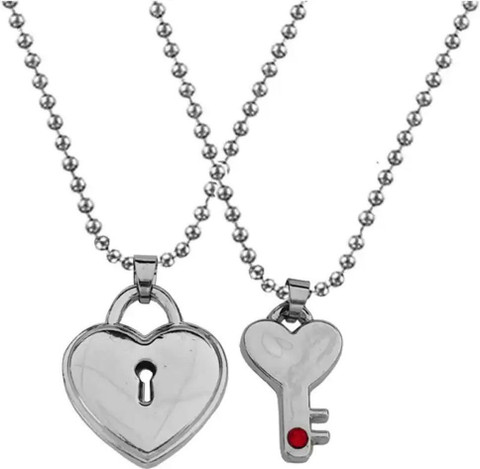 Murliwala Heart Shape Romantic Lock And Key Dual Locket for Couple Silver  Stainless Steel Locket