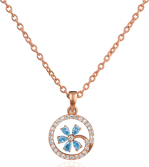 GEMSLAY Flower Round Pendant Necklace Link Chain with Blue CZ Stones  Rhodium Cubic Zirconia Brass Pendant