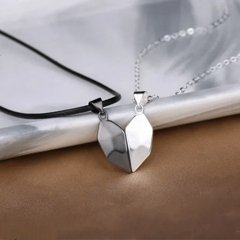Sterling Silver Two Half Heart Necklace For Couples Magnetic Heart