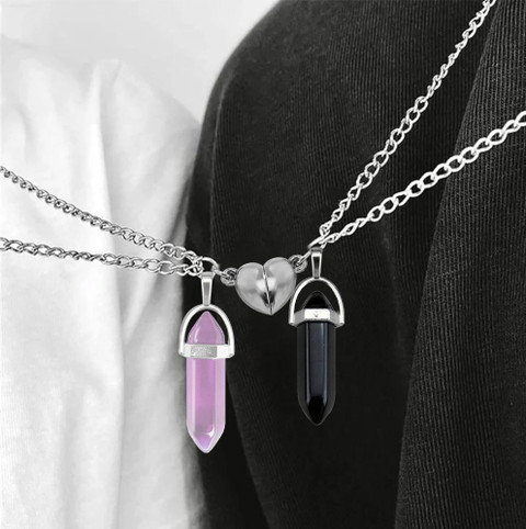 VIANSH Broken Heart Magnetic Hexagonal Glass Crystal Point Couple Pencil  Pendant Locket Silver Stainless Steel Locket Set