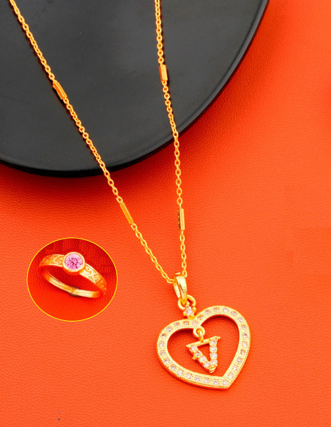 Jewel WORLD V name letter Diamond Pendant locket chain with letter ring for  girls women Gold-plated Beads Alloy Pendant