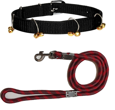 WROSHLER Adjustable NYLON inch Black Dog Collar With Bell Red Rope DOG  LEASH Dog Collar Leash