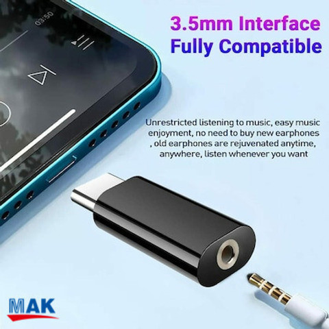 MAK Black USB Type C to Jack Audio Connector Metal Mobile Adapter  Phone Converter