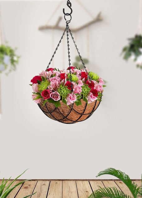 KNAEE Artificial Hanging Flowers In Basket For Patio Garden Porch Deck Decoration, Indoors Outdoors Silk Flowers Chain Hanging Basket Flowerpot Fake