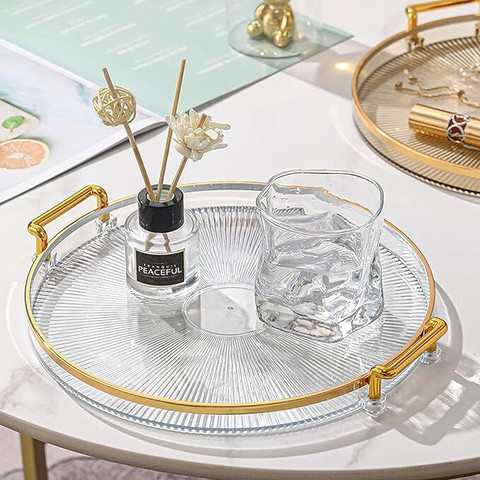 Deoxys Serving Tray with Golden Handles,Decorative Round Serving  Tray,Acrylic Tray