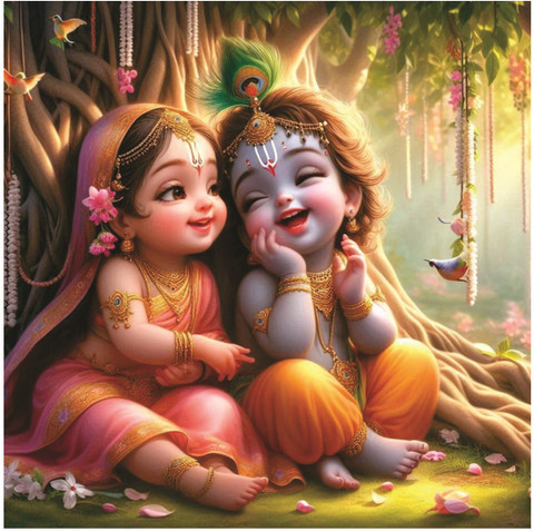 Rc Decor Cute Baby RadhaOr Little Krishna Are Laughing God Wall Poster For  Pooja Room, Living Room (Size 40Cm X 40Cm) Vinyl