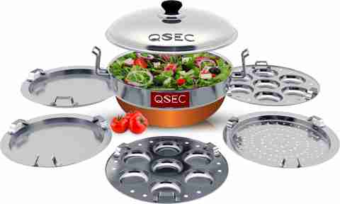 QSEC Stainless Steel Multi Kadai Idli cooker Copper Bottom All-in-One  Plate Standard Idli Maker