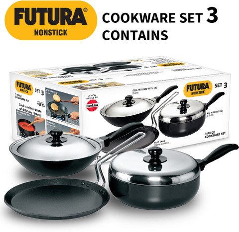 Hawkins Pc Cookware Set 3-Flat Tava, All-Purpose and Stir-Fry