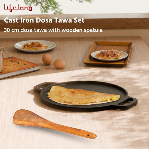 Lifelong Cast Iron Dosa Tawa with Wooden Spatula for Dosa, Uttapam  Chapati Tawa 10 cm diameter