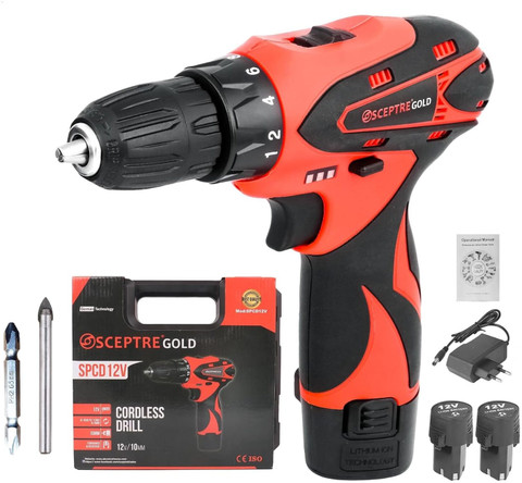 Sceptre SPCD12V Cordless 1350 RPM Variable Speed Reversible Portable Driver  with 12V Li-Ion Battery and Charger, Tool Kit DIY Impact Drill Machine