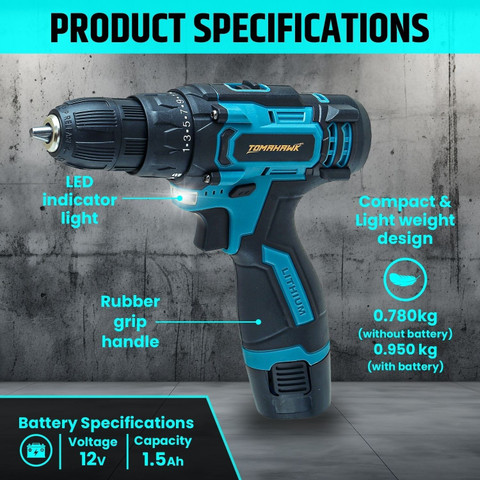 Tomahawk T8000 12V Drill Machine Heavy Duty Copper Armature 1350rpm,  Cordless Drill Cordless Drill