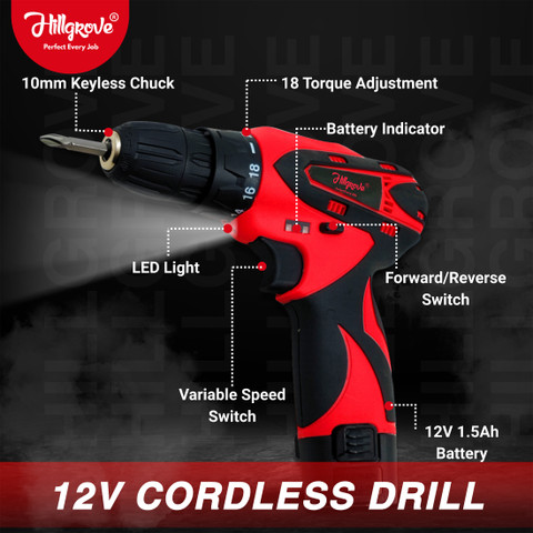 Hillgrove HGCM1380M2 Electric 10mm 12V Power Drill Machine Tool
