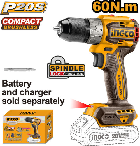 INGCO 60nm Compact Brushless Cordless Drill Without Battery and