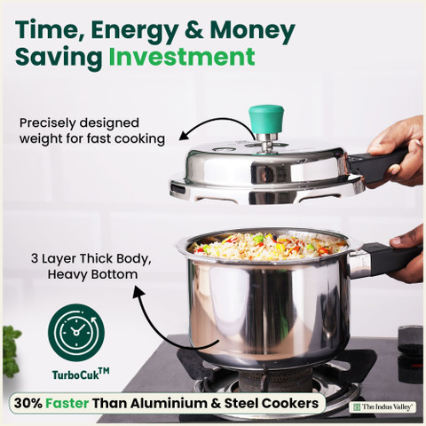 The Indus Valley Premium Tri-ply (3 Layer) Stainless Steel Wide Body L  Outer Lid Induction Bottom Pressure Cooker