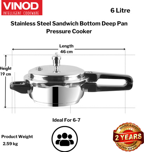 VINOD 18/8 Stainless Steel Sandwich Bottom Deep Pan L Outer Lid