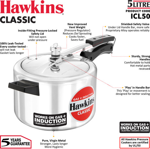 Hawkins Classic (ICL50) L Inner Lid Induction Bottom Pressure Cooker