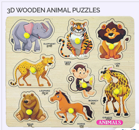 SHALAFI Animal Characters Pegged Puzzle Wooden Animals Name matching Board  Learning Toys