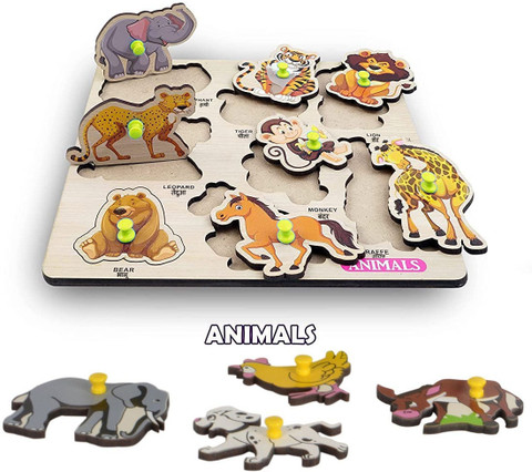 SHALAFI Wooden Animal Pegged Puzzle for Kids Learning and
