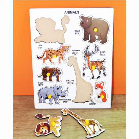MECDOIT INTERNATIONAL Wooden Puzzle of Animals Name Shape for
