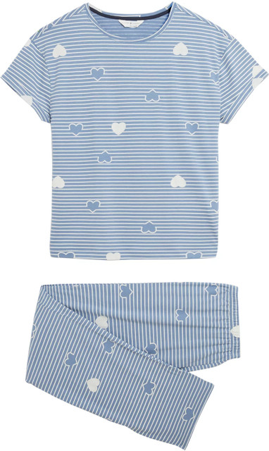 MARKS SPENCER Women Graphic Print, Striped Blue Night Suit Set