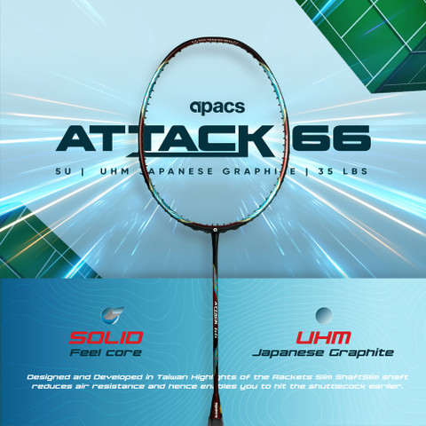 apacs ATTACK 66 (35LBS, 100% UHM GRAPHITE) Red Unstrung Badminton