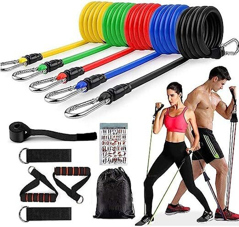 Resistance Bands Set 11-Piece - Exercise Tubes With Handles, Ankle Straps, Door Anchor For Home Workout