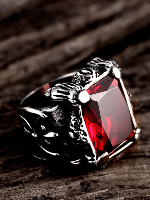 Kairangi Rings for Men Red Danger Square Shaped Stainless Steel Tough  Silver Ring Metal Crystal Ring