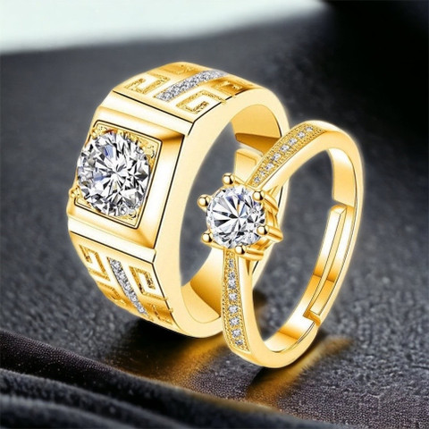 MYKI King Queen Love Forever Adjustable Couple Rings Stainless Steel  Swarovski Zirconia 24K Yellow Gold Plated Ring
