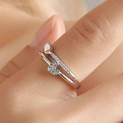 Fashion Frill Silver Heart Design American Diamond Ring Adjustable